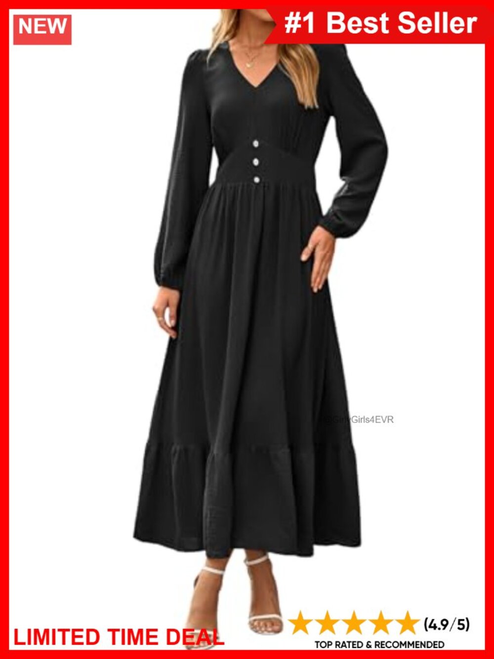 Womens Maxi Dress V Neck Long Sleeve Tiered Flowy A-Line Casual Elegant